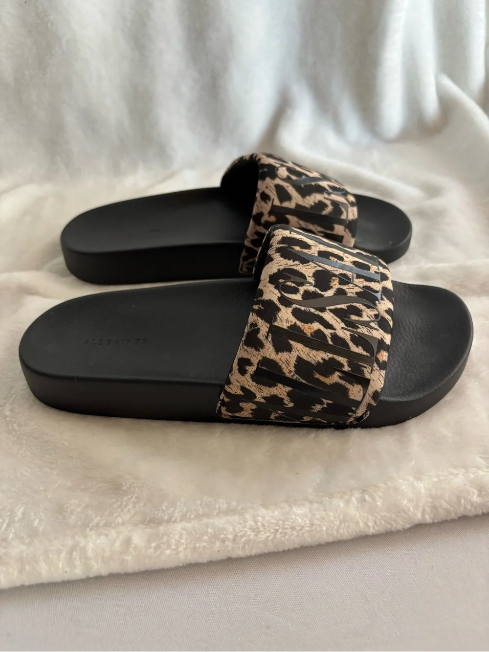 ALL SAINTS Signet Transfer Slide Sandal Leopard Print Black/Brown Size 8 - Picture 3 of 13